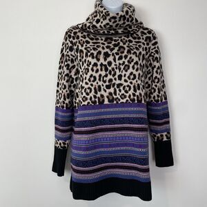 Carlisle Collection Fair Isle Animal Print Turtleneck Sweater Merino Wool Medium